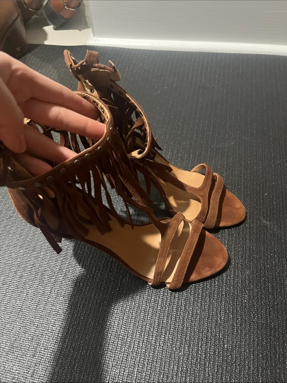 Nine West Brown Suede Fringe Ankle Strap Heels